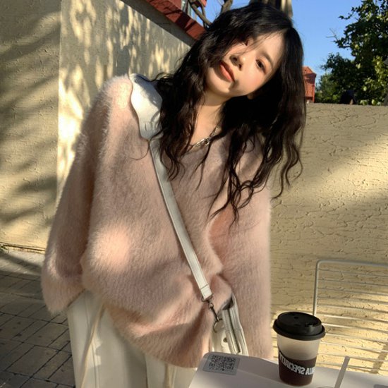 V-Neck - 【取寄】ニットトップス レディース ニット トップス セーター プルオーバー Vネック シンプル 無地 ふわふわ カジュアル お出掛け 長袖 ピンク ベーシック 定番 秋冬 ニットトップス レディース