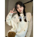 【取寄】ニットトップス レディース ニット セーター トップス ケーブル編み 刺繍 長袖 カジュアル お出掛け おしゃれ 可愛い ラウンドネック プルオーバー ホワイト 白 厚手 秋冬 暖かい ゆったり(4)