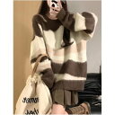 【取寄】ニットトップス レディース セーター ニット トップス ボーダー ラウンドネック 長袖 カジュアル お出掛け おしゃれ プルオーバー 秋冬 暖かい ソフト ゆったり ルーズシルエット ニットトップス(4)