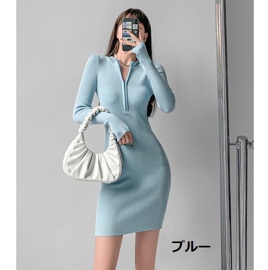 【取寄】ハーフジップワンピース ニットワンピース ミニワンピース Vネック キーネック ハイネック ラウンドネック ショート丈 ミディアム丈 選べる丈 レトロ スリム タイトワンピース レディース 秋 冬