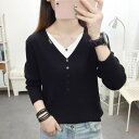 【取寄】ニットトップス レディース ニット セーター トップス フェイクツーピース 重ね着風 ボタン Vネック 長袖 カジュアル お出掛け おしゃれ リブニット プルオーバー シンプル 無地 ニットトップス(4)