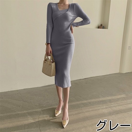 【取寄】タイトワンピース 大きいサイズ 長袖 レディース 膝丈 ひざ丈 ニットワンピース ニット ワンピース 秋冬 秋 冬 新作 ひざ丈ワンピース お呼ばれ お呼ばれワンピース 長袖ワンピース Vネック