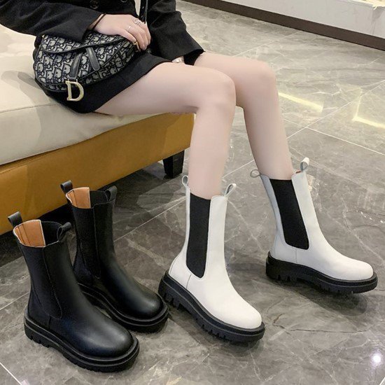 Thick Sole - 【取寄】ショートブーツ レディース サイドゴアブーツ チェルシーブーツ 厚底 カジュアル 歩きやすい ホワイト ブラック 白 黒 ラウンドトウ PU お出掛け おしゃれ ベーシック 定番 靴 シューズ 女性靴