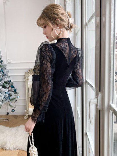 【取寄】演奏会ドレス レディース パーティードレス 結婚式ドレス ワンピース ロングワンピース スタンドカラー レース シースルー ロング丈 Aライン フレアスカート お呼ばれ フォーマル ブラック 黒