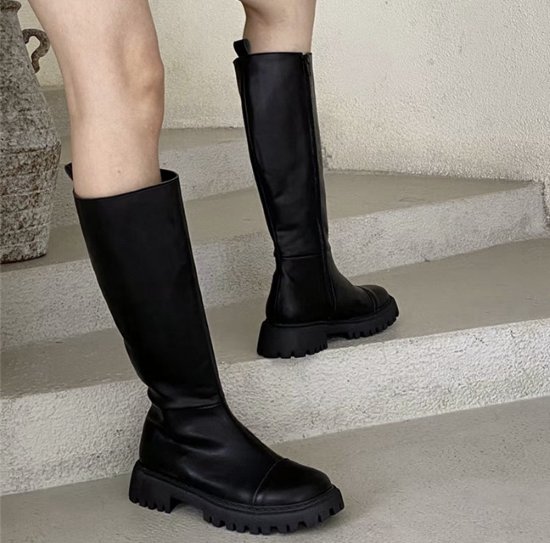 【取寄】ロングブーツ レディース 歩きやすい 太めヒール ヒール ラウンドトゥ サイドジッパー 無地 歩..