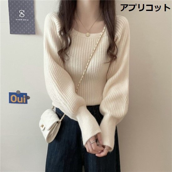 Square Neck - 【取寄】ニットトップス レディース ニット セーター トップス プルオーバー 長袖 スクエアネック ショート丈 リブニット パフスリーブ ボリューム袖 カジュアル お出かけ きれいめ おしゃれ 無地 女性