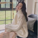 【取寄】ニットトップス チャンキーニット ハイネックセーター ゆったり オーバーサイズ ハイネックニット タートルネック セーター ローゲージ 厚手 レディース ホワイト きれいめ カジュアル 秋 冬(4)