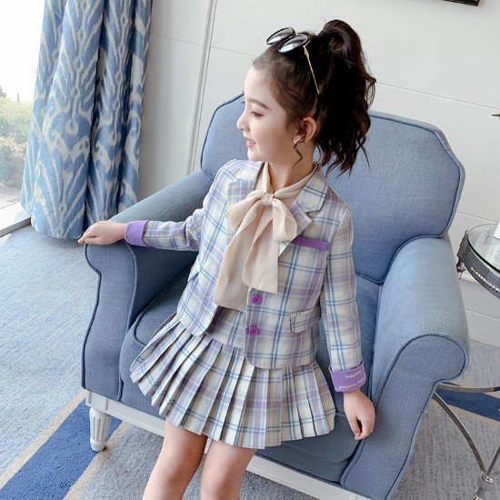 【取寄】卒園式 子供服 ジャケット ブラウス シャツ スカート 3点セット セットアップ スリーピース 女の子 キッズ ガールズ スーツ チェック柄 プリーツスカート リボン 入学式 卒業式 フォーマル