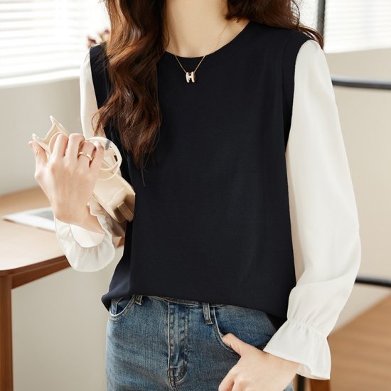 Long-Sleeved - 【取寄】ブラウス レイヤード風プルオーバー バイカラー 重ね着風 異素材MIX ニットベスト ブラウス シャツ 長袖 レディース黒 ブラック ブラウン ランタンスリーブ 無地 かわいい カジュアル
