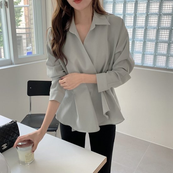 Long-Sleeved - 【取寄】ブラウス カシュクールシャツ ペプラム 長袖シャツ フレアシルエット レディース シャツ ロングトップス ロングシャツ きれいめ カジュアル 大人かわいい ペプラム オフィスコーデ おしゃれ 春