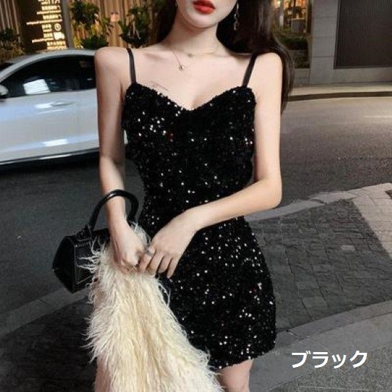 【取寄】パーティードレス レディース キャミソールワンピース キャミワンピ ショート丈 ミニワンピース スパンコール きらきら Vネック 光沢 セクシー きれいめ お呼ばれ おしゃれ ナイトクラブ 女性