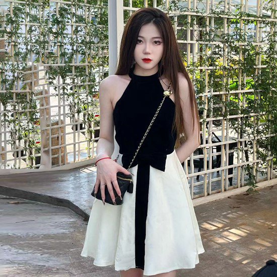 【取寄】パーティードレス レディース ワンピースドレス 結婚式ドレス 演奏会ドレス コントラストカラー ミニワンピース ショート丈 ホルターネック リボン ノースリーブ きれいめ おしゃれ お呼ばれ