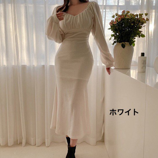 【取寄】結婚式ドレス マーメイド 長袖 無地 シンプル スリム ハイウエスト デコルテ発表会 演奏会 レディース 結婚式 ステージ衣装 グラマラス ロング丈 エレガント ウエディングドレス カラードレス
