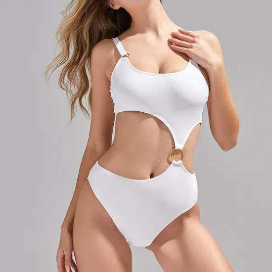 【取寄】ワンピース水着 レディース 水着 カットアウトデザイン セクシー カジュアル 無地 金リング スイムウェア ビーチウェア 海 夏 プール ビーチ 海水浴 アシンメトリー ホワイト ブラック 白 黒