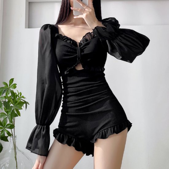 Two-Piece - 【取寄】ワンピース水着 レディース 長袖水着 フリル 黒 ブラック キャンディスリーブ 日焼け防止 ラッシュガード UV対策 体型カバー カジュアル 可愛い スイムウェア ビーチウェア 海 海水浴 プール 夏