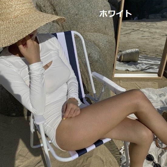 【取寄】ワンピース水着 レディース 水着 ラッシュガード 2点セット 長袖 シンプル 無地 カジュアル UV対策 日焼け対策 夏 海 ビーチ プール スイムウェア ビーチウェア ホワイト ブラック 白 黒