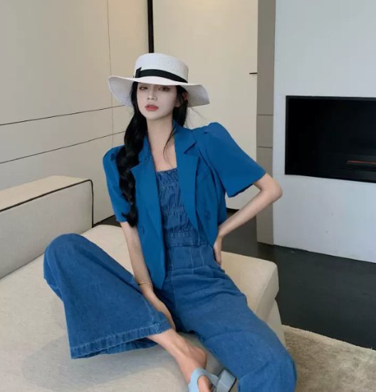 Ferris.OTAの【取寄】ジャンプスーツ レディース ジャケット 2点セット ツーピース デニム ギャザー ワイドパンツ 半袖ジャケット カジュアル お出かけ おしゃれ 春夏 ハイウエスト 無地 オールインワン ブルー 青｜アングル2