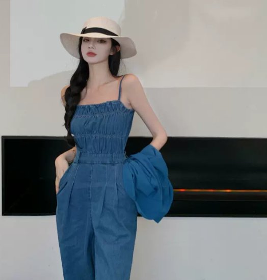 Ferris.OTAの【取寄】ジャンプスーツ レディース ジャケット 2点セット ツーピース デニム ギャザー ワイドパンツ 半袖ジャケット カジュアル お出かけ おしゃれ 春夏 ハイウエスト 無地 オールインワン ブルー 青｜アングル3