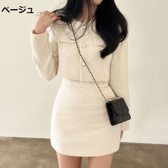 【取寄】セットアップ レディース ツーピース 2点セット 上下セット ジャケット 羽織 ミニスカート ボトムス 長袖 パールボタン ショート丈ジャケット シンプル 無地 タイトスカート きれいめ お呼ばれ