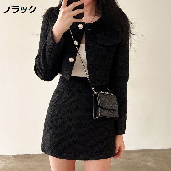 【取寄】セットアップ レディース ツーピース 2点セット 上下セット ジャケット 羽織 ミニスカート ボトムス 長袖 パールボタン ショート丈ジャケット シンプル 無地 タイトスカート きれいめ お呼ばれ