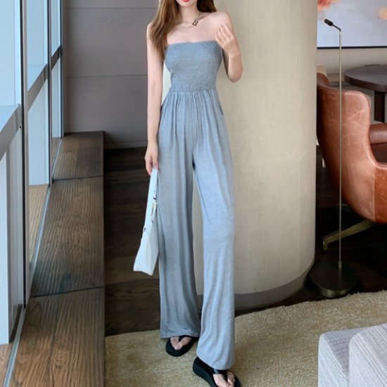 【取寄】ジャンプスーツ レディース オールインワン チューブトップ ハイウエスト シンプル 無地 パンツ 長ズボン カジュアル セクシー おしゃれ お出かけ 夏 ワイドパンツ リゾート ジャンプスーツ 女性