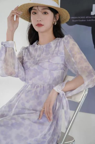 【取寄】花柄ワンピース レディース ワンピース シフォンワンピース 膝丈ワンピース シースルー ハイウエスト ラウンドネック 春夏 レトロ きれいめ カジュアル お出かけ おしゃれ 長袖 フラワー フローラル