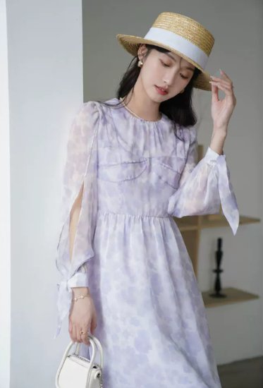 【取寄】花柄ワンピース レディース ワンピース シフォンワンピース 膝丈ワンピース シースルー ハイウエスト ラウンドネック 春夏 レトロ きれいめ カジュアル お出かけ おしゃれ 長袖 フラワー フローラル