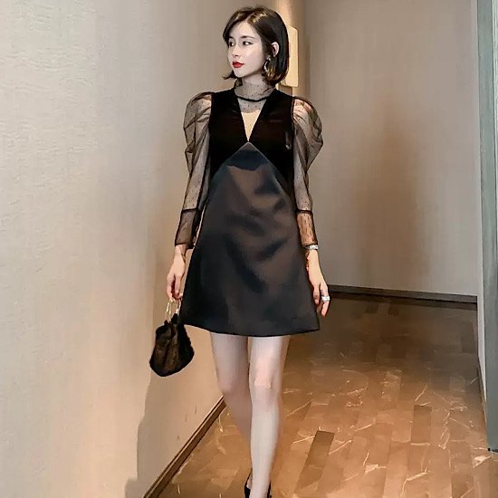 【取寄】結婚式ドレス シースルー Vネック ミニドレス 発表会 演奏会 レディース 結婚式 ステージ衣装 エレガント ウエディングドレス カラードレス イブニングドレス 長袖 ドット柄 ミニ丈