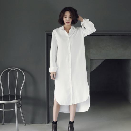 【取寄】シャツワンピース ロングワンピース 膝丈ワンピース 大きいサイズ ゆったりサイズ 体形カバー レディース 春夏秋服 新作 膝丈 無地 シンプル ワンピ ロング丈 長袖 ベーシック スッキリ ヌケ感 シンプル 大人可愛い 上品 カジュアル デート モード ホワイト S M L XL