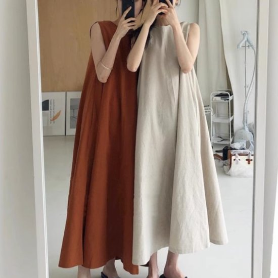 【取寄】ノースリーブワンピース レディース ワンピース ロングワンピース ラウンドネック ゆったり ルーズシルエット 体型カバー ナチュラル カジュアル リラックス 夏 リゾート お出かけ ワンピース 女性