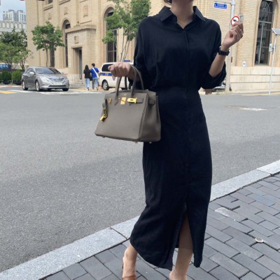 【取寄】シャツワンピース レディース ワンピース ロングワンピース 七分袖 シンプル 無地 スリムフィット 細身 フロントボタン コットンリネン 綿麻 ハイウエスト カジュアル お出かけ きれいめ おしゃれ