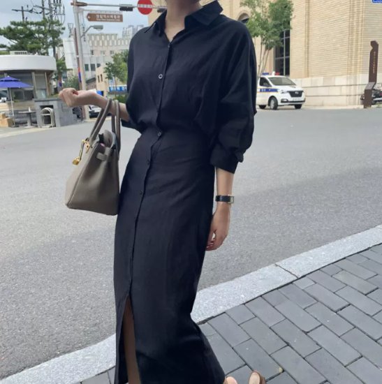 【取寄】シャツワンピース レディース ワンピース ロングワンピース 七分袖 シンプル 無地 スリムフィット 細身 フロントボタン コットンリネン 綿麻 ハイウエスト カジュアル お出かけ きれいめ おしゃれ