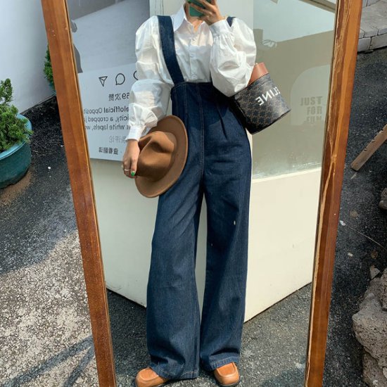 【取寄】デニムサロペット レディース オーバーオール ワイドパンツ ボトムス シンプル 無地 ベーシック カジュアル お出かけ デニム Gパン ハイウエスト サスペンダー 重ね着 レイヤード サロペット 女性