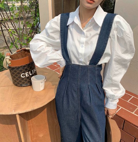 【取寄】デニムサロペット レディース オーバーオール ワイドパンツ ボトムス シンプル 無地 ベーシック カジュアル お出かけ デニム Gパン ハイウエスト サスペンダー 重ね着 レイヤード サロペット 女性