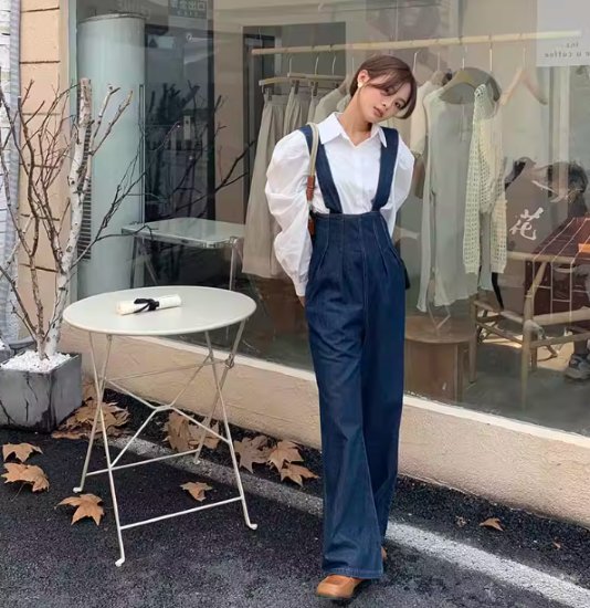 【取寄】デニムサロペット レディース オーバーオール ワイドパンツ ボトムス シンプル 無地 ベーシック カジュアル お出かけ デニム Gパン ハイウエスト サスペンダー 重ね着 レイヤード サロペット 女性
