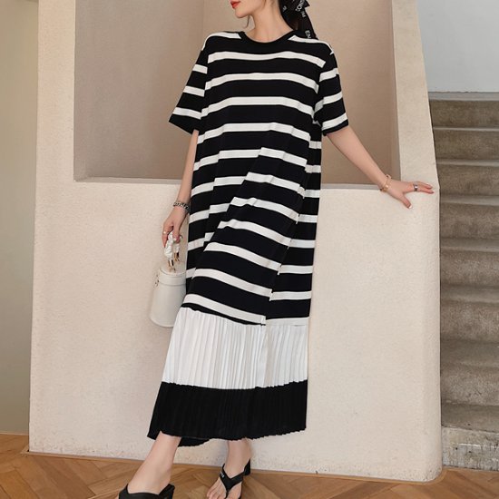 Pleats - 【取寄】半袖ワンピース レディース ワンピース ロングワンピース プリーツスカート 配色デザイン 無地 ボーダー ラウンドネック カジュアル お出かけ おしゃれ ゆったり ルーズ 体型カバー ロングワンピ