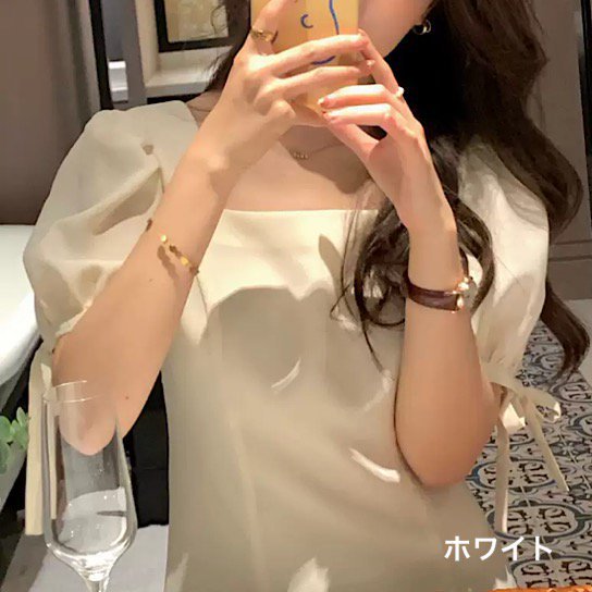 【取寄】結婚式ドレス パフスリーブ 袖リボン スクエアネック 無地 シンプル ミモレ丈 発表会 演奏会 レディース 結婚式 ステージ衣装 エレガント ウエディングドレス カラードレス スリット 3