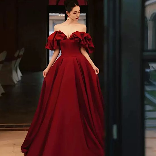 乐天商城 - 【取寄】結婚式ドレス オフショルダー セクシー マキシ丈 無地 ハイウエスト 発表会 演奏会 レディース 結婚式 ステージ衣装 エレガント ウエディングドレス カラードレス イブニングドレス