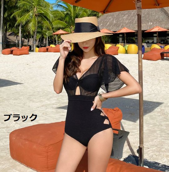 【取寄】ワンピース水着 レディース 水着 Vネック レース メッシュ シースルー サイドオープン ハイウエスト 黒 白 ブラック ホワイト カジュアル おしゃれ スイムウェア ビーチウェア 海 プール 海水浴