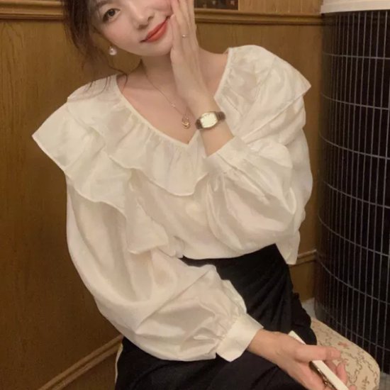 【取寄】シフォンブラウス レディース トップス 長袖シャツ Vネック フリル ブラウス シャツ カジュアル お出かけ おしゃれ フェミニン きれいめ ボリューム袖 白 ホワイト ゆったり フォーマル お呼ばれのサムネイル