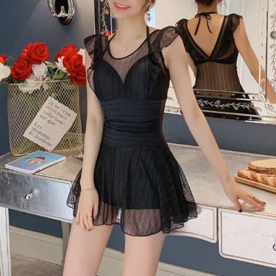 【取寄】ワンピース水着 レディース 水着 シースルー メッシュ レース フリル スイムウェア ビーチウェア カジュアル おしゃれ 可愛い 黒 ブラック 夏 海 ビーチ プール 海水浴 リゾート ワンピース水着