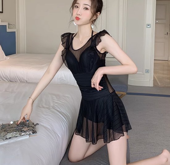 【取寄】ワンピース水着 レディース 水着 シースルー メッシュ レース フリル スイムウェア ビーチウェア カジュアル おしゃれ 可愛い 黒 ブラック 夏 海 ビーチ プール 海水浴 リゾート ワンピース水着