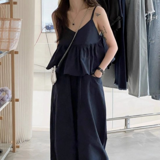 【取寄】セットアップ レディース 上下セット トップス キャミソール ペプラム ショート丈 ボトムス ワイドパンツ ハイウエスト ゆったり カジュアル お出かけ おしゃれ シンプル 無地 ツーピース 女性