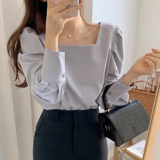 Long-Sleeved - 【取寄】長袖ブラウス レディース ブラウス 長袖シャツ トップス スクエアネック ボリューム袖 ボタン シンプル 無地 きれいめ エレガント オフィス お呼ばれ フォーマル カジュアル お出かけ おしゃれ