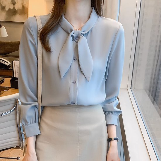 Long-Sleeved - 【取寄】シフォンブラウス レディース ブラウス トップス 長袖ブラウス シフォンシャツ リボンタイ ボタン シンプル 無地 カジュアル お出かけ おしゃれ きれいめ エレガント オフィス ホワイト ブルー