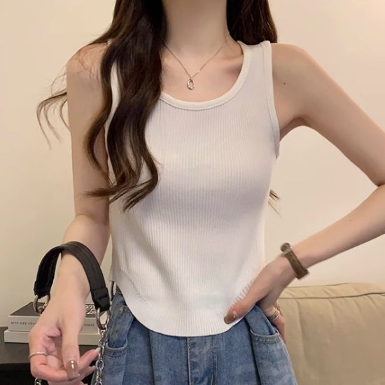 【取寄】タンクトップ レディース トップス ノースリーブ カットソー インナー ラウンドヘム ラウンドネック ニットトップス リブニット シンプル 無地 ボーダー カジュアル お出かけ おしゃれ ベーシック