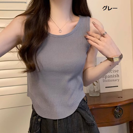 【取寄】タンクトップ レディース トップス ノースリーブ カットソー インナー ラウンドヘム ラウンドネック ニットトップス リブニット シンプル 無地 ボーダー カジュアル お出かけ おしゃれ ベーシック
