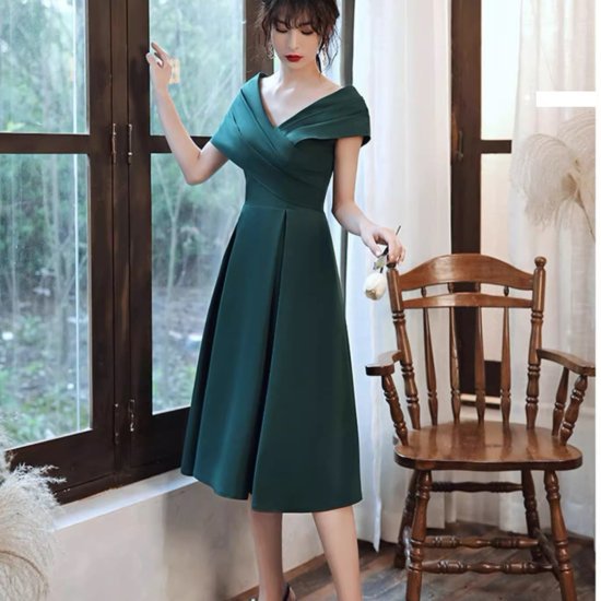【取寄】結婚式ドレス レディース Vネック カシュクール ショールカラー 半袖 Aライン フレアスカート エレガント 演奏会 発表会 結婚式 イブニングドレス ウェディングドレス パーティー ワンピース