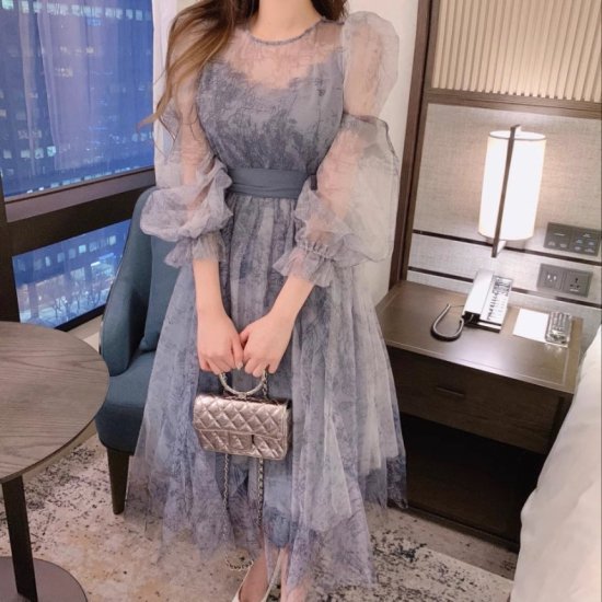 Medium - 【取寄】結婚式ドレス レディース パフスリーブ 透け感 シースルー ミモレ丈 ミディアム丈 ウエストリボン 長袖 演奏会 発表会 披露宴 二次会 ステージ衣装 パーティードレス かわいい ワンピース