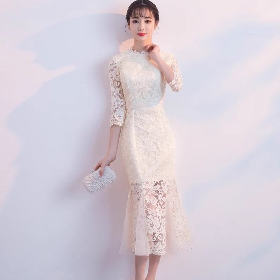 【取寄】結婚式ドレス レディース レースワンピース マーメイド ハイネック ノーカラー フィッシュテール 総レース ミモレ丈 タイト 演奏会 発表会 披露宴 謝恩会 パーティードレス エレガント 華やか